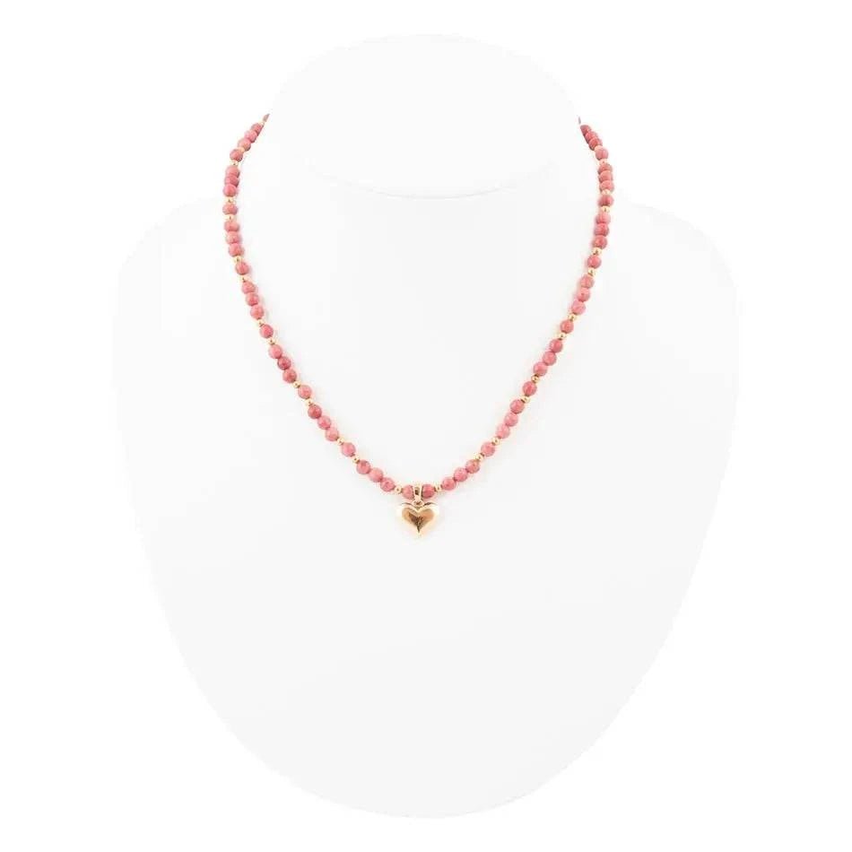 Pink Rhodonite and Golden Bronze Heart Pendant Necklace - Maven Couture IncNecklaces