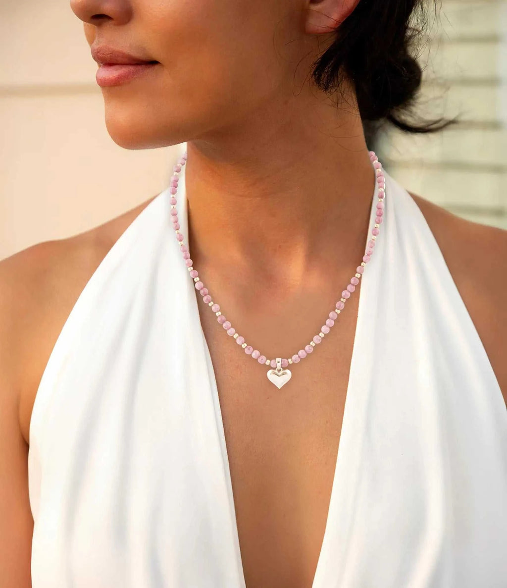 Pink Rhodonite and Golden Bronze Heart Pendant Necklace - Maven Couture IncNecklaces
