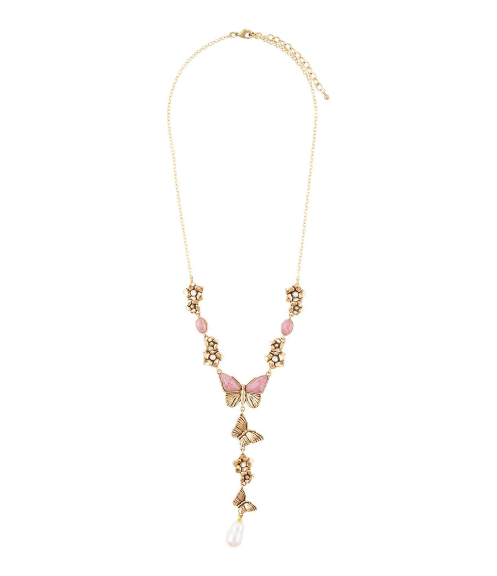 Pink Rhodonite and White Pearl Golden Butterflies Y Necklace - Maven Couture IncNecklaces