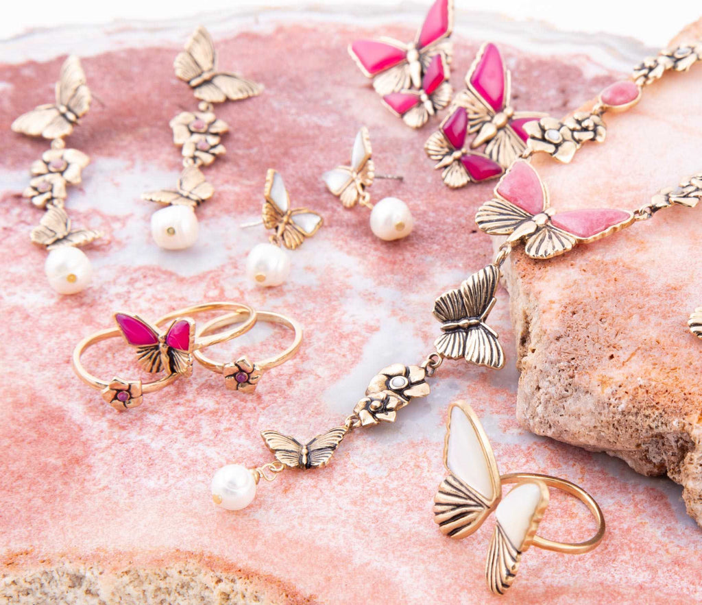 Pink Rhodonite and White Pearl Golden Butterflies Y Necklace - Maven Couture IncNecklaces