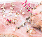 Pink Rhodonite and White Pearl Golden Butterflies Y Necklace - Maven Couture IncNecklaces