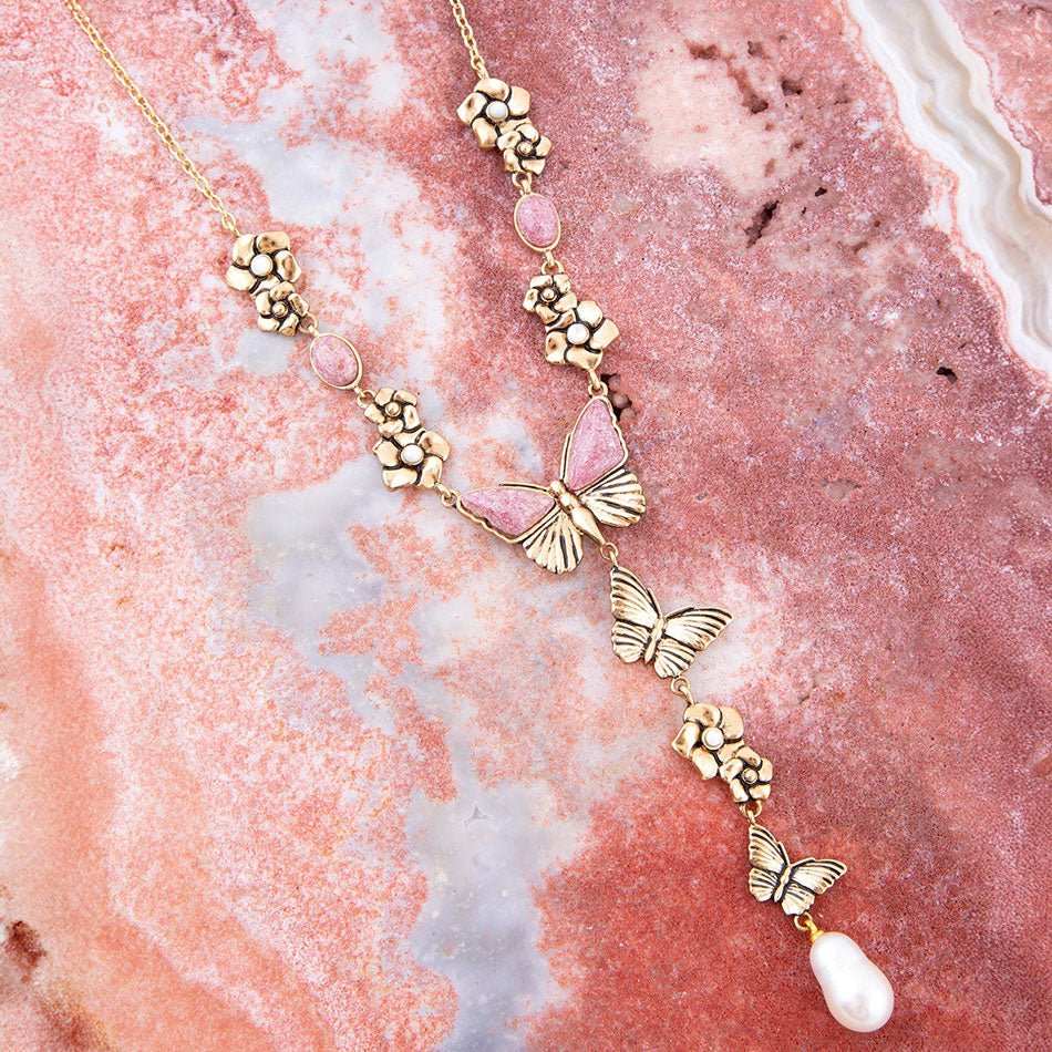 Pink Rhodonite and White Pearl Golden Butterflies Y Necklace - Maven Couture IncNecklaces