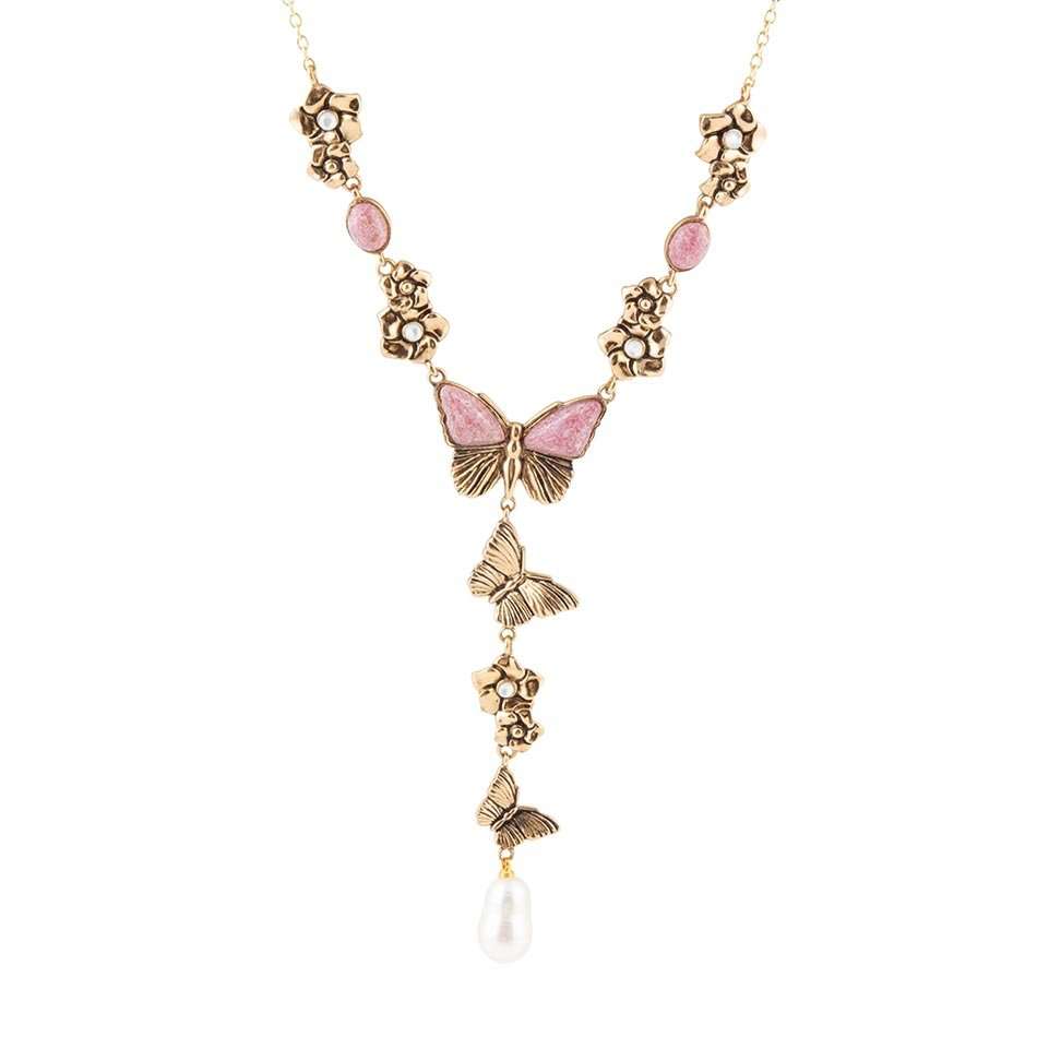 Pink Rhodonite and White Pearl Golden Butterflies Y Necklace - Maven Couture IncNecklaces