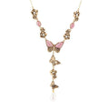 Pink Rhodonite and White Pearl Golden Butterflies Y Necklace - Maven Couture IncNecklaces