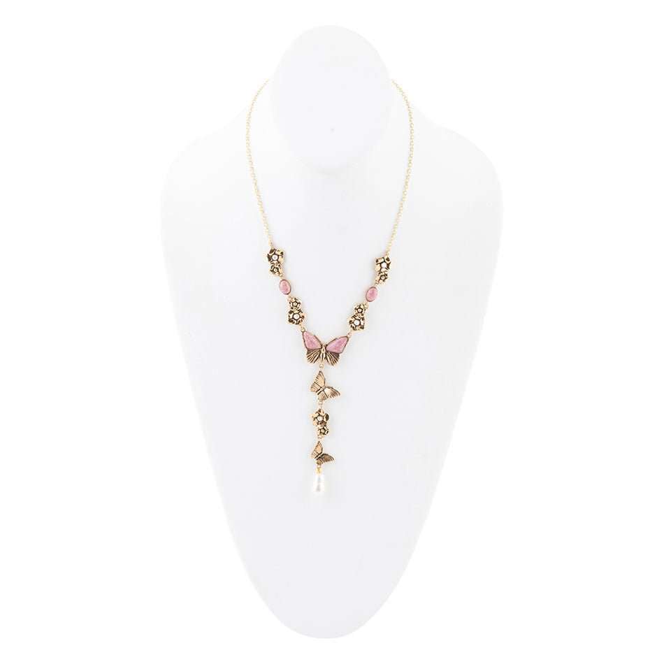 Pink Rhodonite and White Pearl Golden Butterflies Y Necklace - Maven Couture IncNecklaces