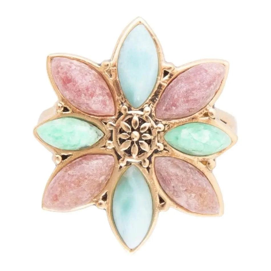 Pink Rhodonite Blue Amazonite and Green Varacite Petals Golden Statement Ring - Maven Couture IncRings
