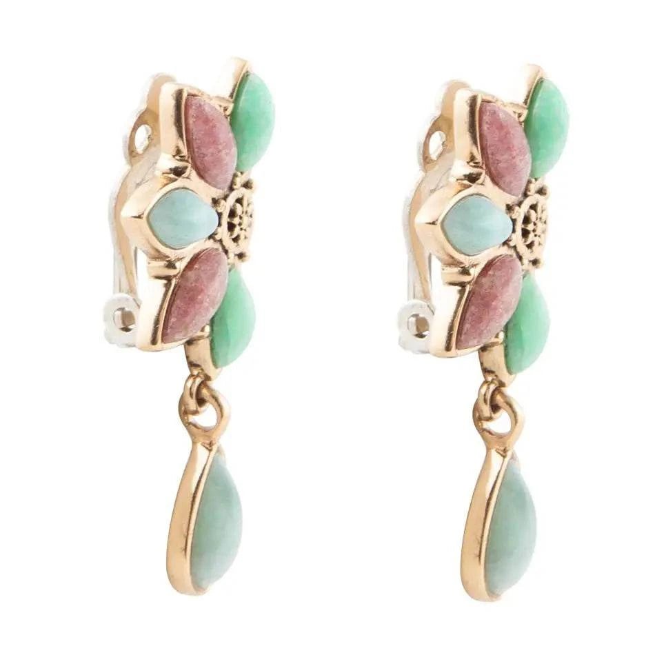 Pink Rhodonite Blue Amazonite and Varacite Petals Golden Clip Earrings - Maven Couture IncEarrings