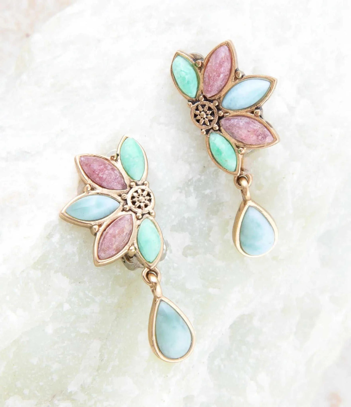 Pink Rhodonite Blue Amazonite and Varacite Petals Golden Clip Earrings - Maven Couture IncEarrings