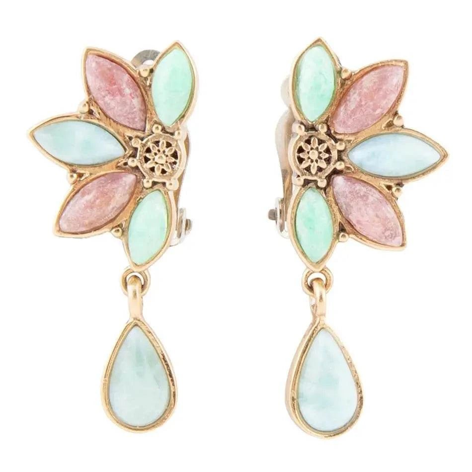Pink Rhodonite Blue Amazonite and Varacite Petals Golden Clip Earrings - Maven Couture IncEarrings