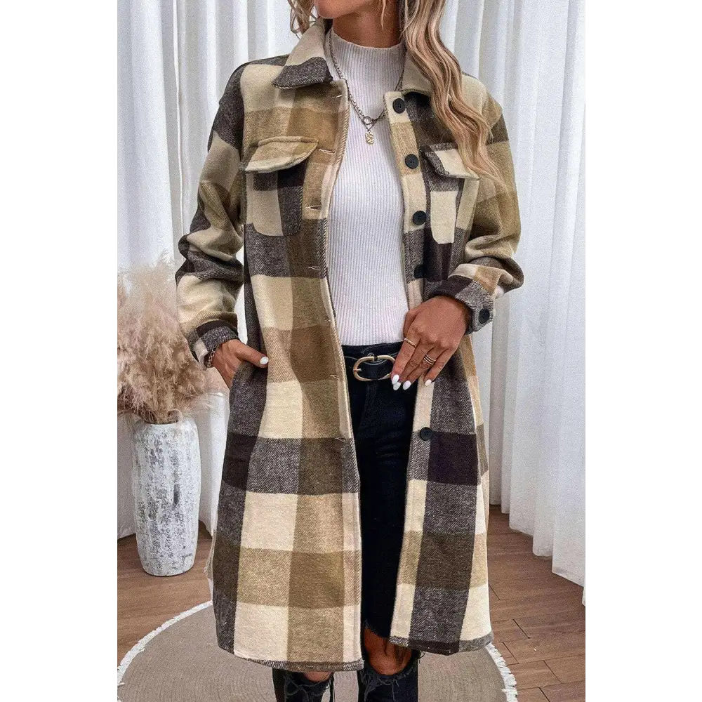 Elevate your wardrobe with the plaid longline coat in luxury fashion for women $73 buttoned, a classic element