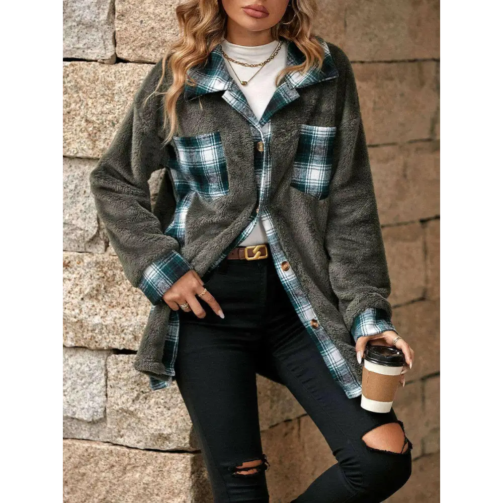 Elevate your wardrobe with the plaid contrast dropped shoulder coat $35 pocketed, a design element that brings both