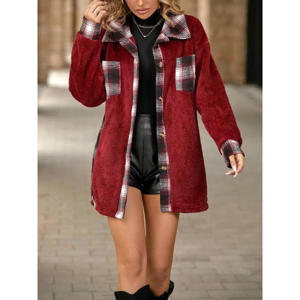 Elevate your wardrobe with the plaid contrast dropped shoulder coat $35 pocketed, a design element that brings both