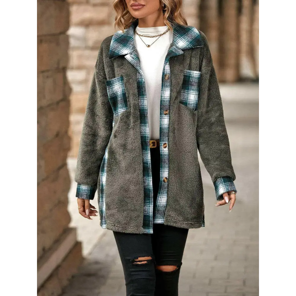 Elevate your wardrobe with the plaid contrast dropped shoulder coat $35 pocketed, a design element that brings both