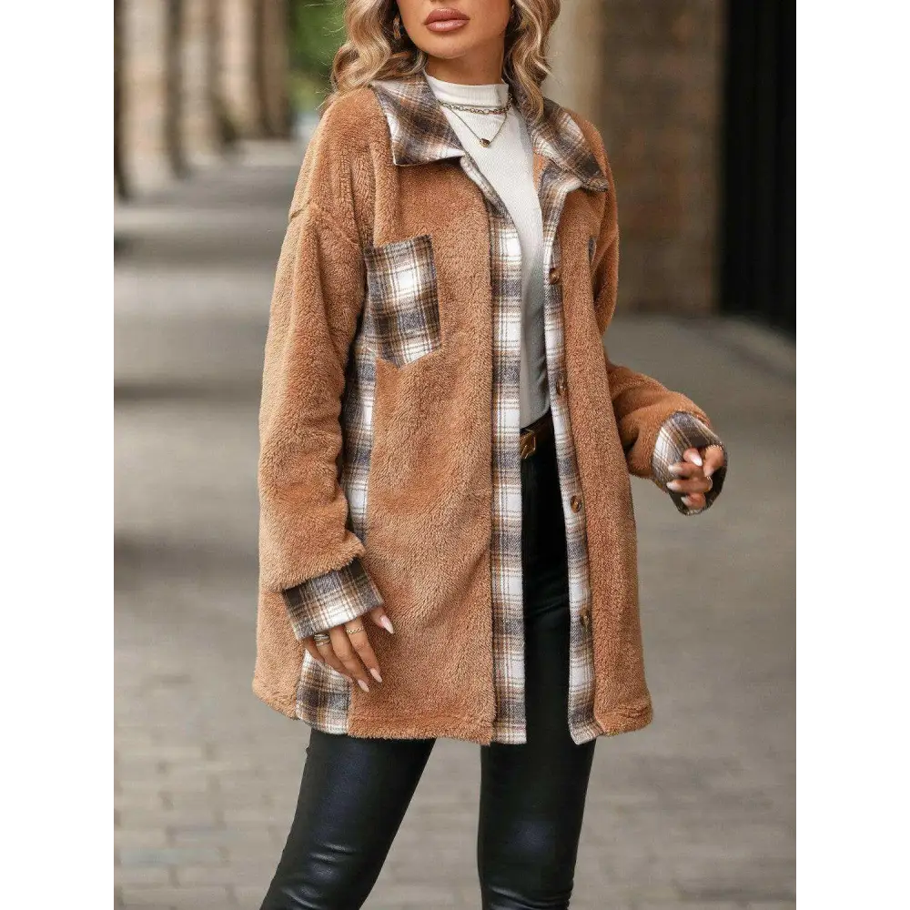 Elevate your wardrobe with the plaid contrast dropped shoulder coat $35 pocketed, a design element that brings both