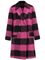 Plaid Double-Breasted Long Sleeve Coat in bold pink and black check pattern with gold buttons and tailored lapels