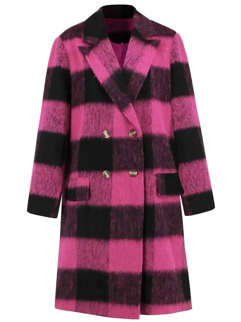 Plaid Double-Breasted Long Sleeve Coat in bold pink and black check pattern with gold buttons and tailored lapels