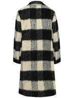 Plaid Double-Breasted Long Sleeve Coat in black, white, and gray checkered pattern with a mid-length cut