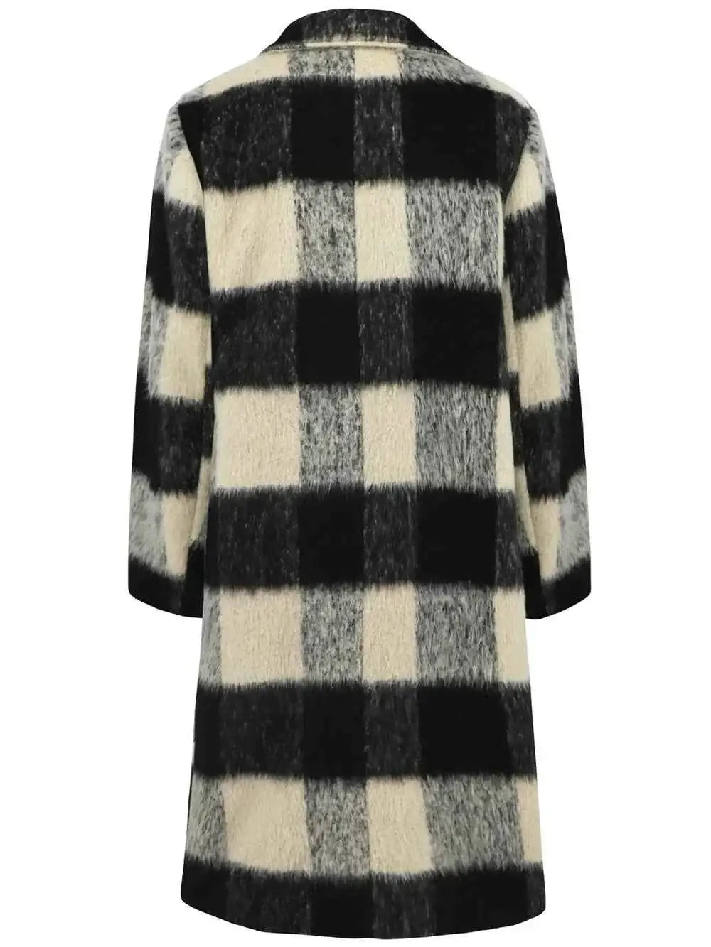 Plaid Double-Breasted Long Sleeve Coat in black, white, and gray checkered pattern with a mid-length cut