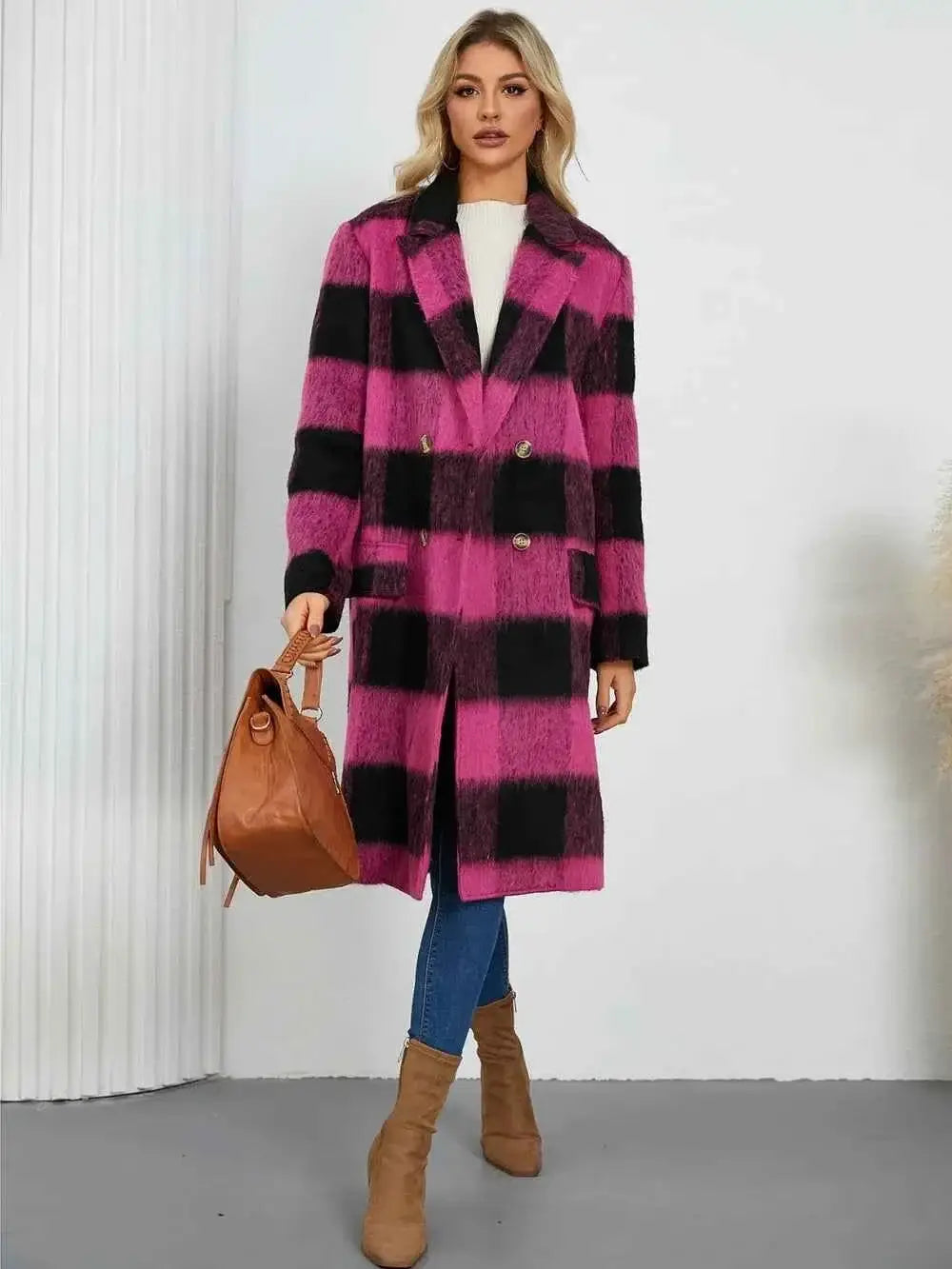 Plaid Double-Breasted Long Sleeve Coat in bold pink and black check pattern with buttoned front and tailored fit