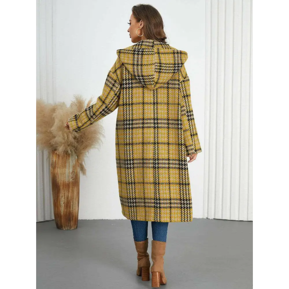 Plaid double-breasted longline coat for timeless luxury fashion $107.54 elegant buttoned design, exuding sophistication