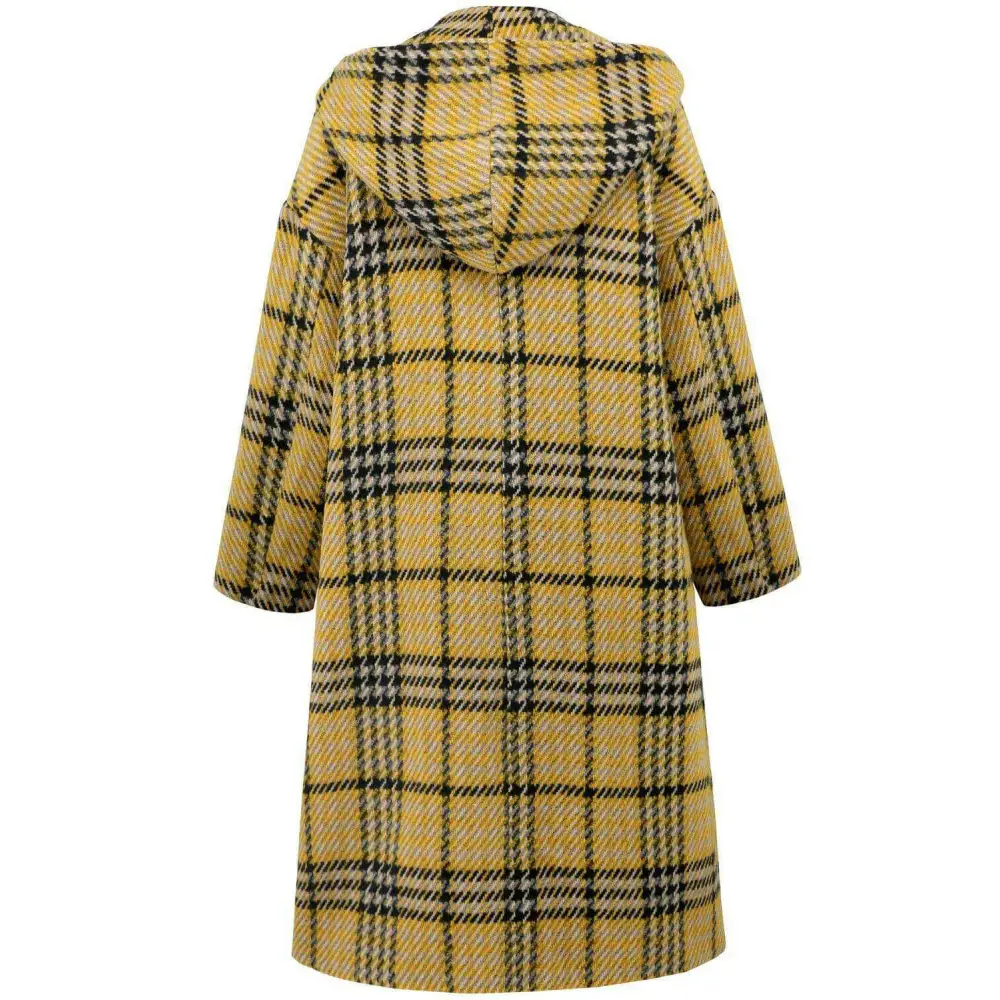 Plaid double-breasted longline coat for timeless luxury fashion $107.54 elegant buttoned design, exuding sophistication