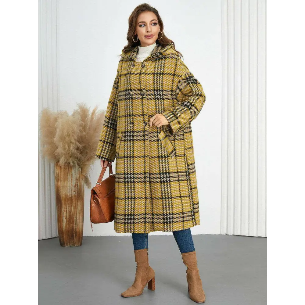 Plaid double-breasted longline coat for timeless luxury fashion $107.54 elegant buttoned design, exuding sophistication