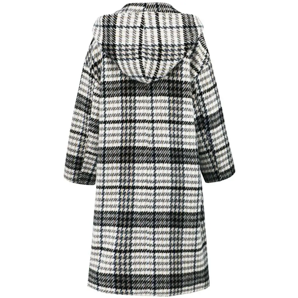 Plaid double-breasted longline coat for timeless luxury fashion $107.54 elegant buttoned design, exuding sophistication