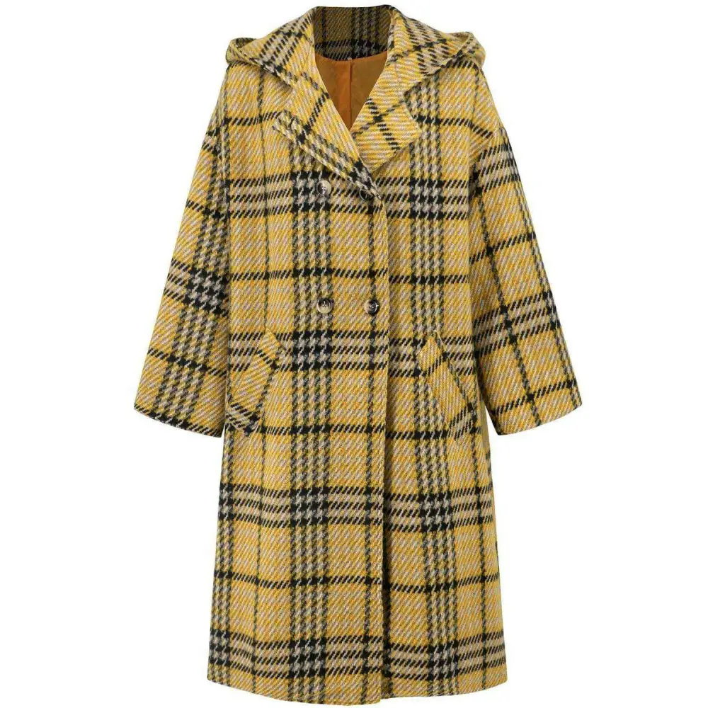 Plaid double-breasted longline coat for timeless luxury fashion $107.54 elegant buttoned design, exuding sophistication