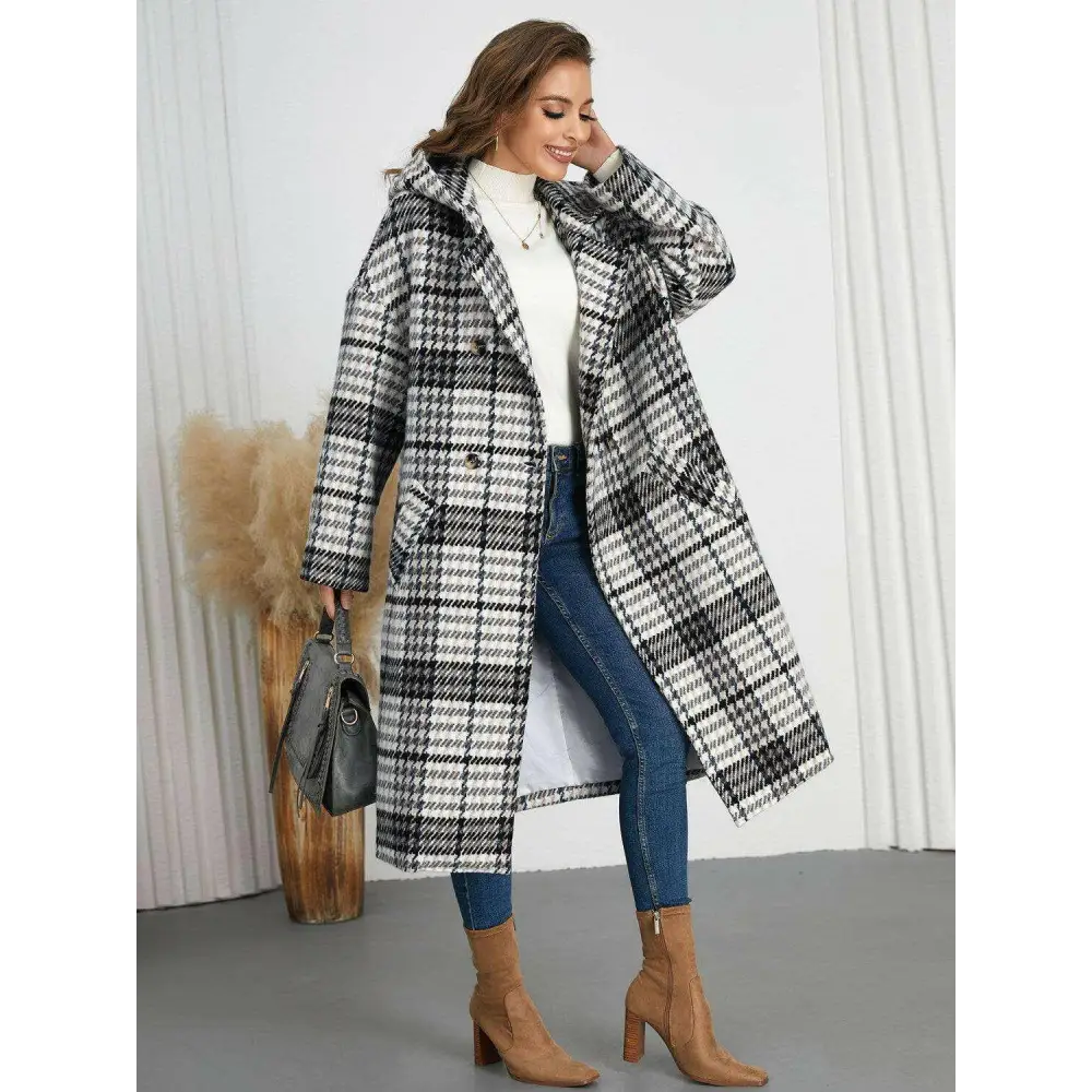 Plaid double-breasted longline coat for timeless luxury fashion $107.54 elegant buttoned design, exuding sophistication