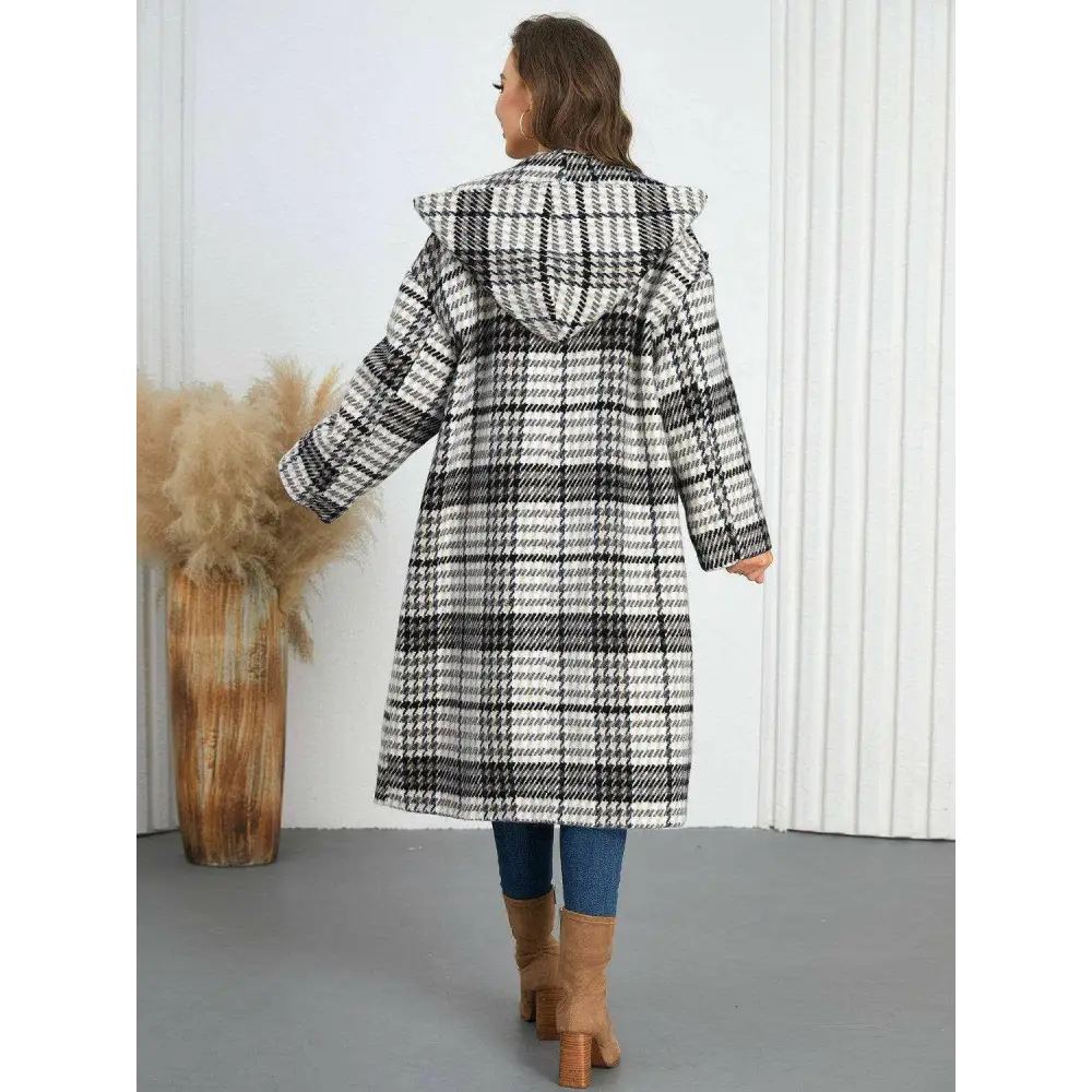 Plaid double-breasted longline coat for timeless luxury fashion $107.54 elegant buttoned design, exuding sophistication