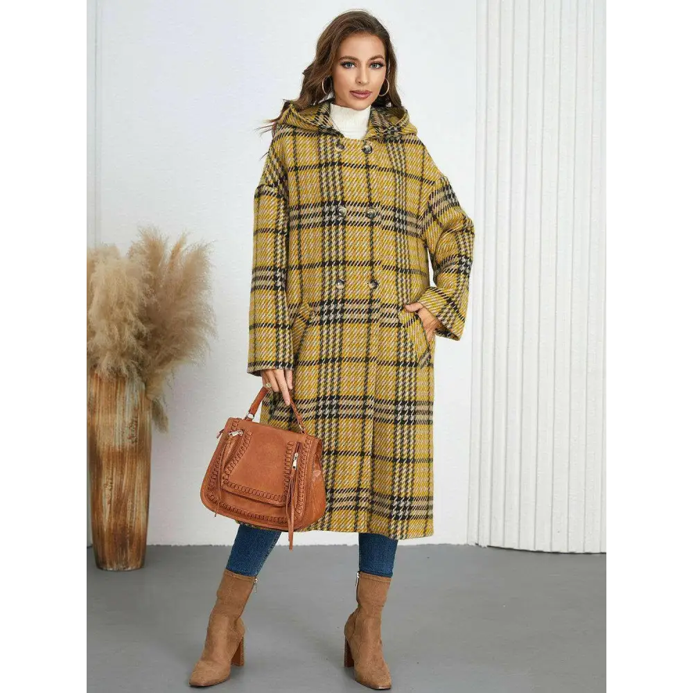 Plaid double-breasted longline coat for timeless luxury fashion $107.54 elegant buttoned design, exuding sophistication