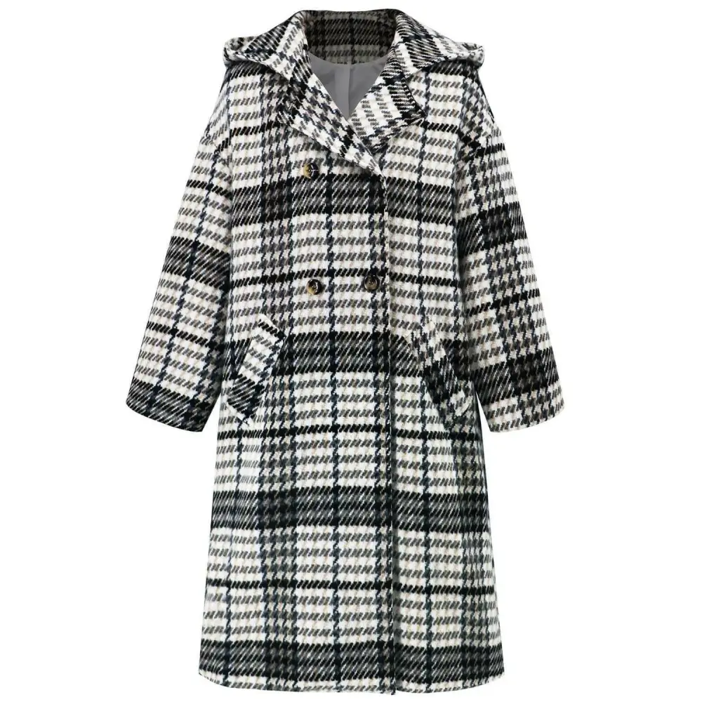 Plaid double-breasted longline coat for timeless luxury fashion $107.54 elegant buttoned design, exuding sophistication