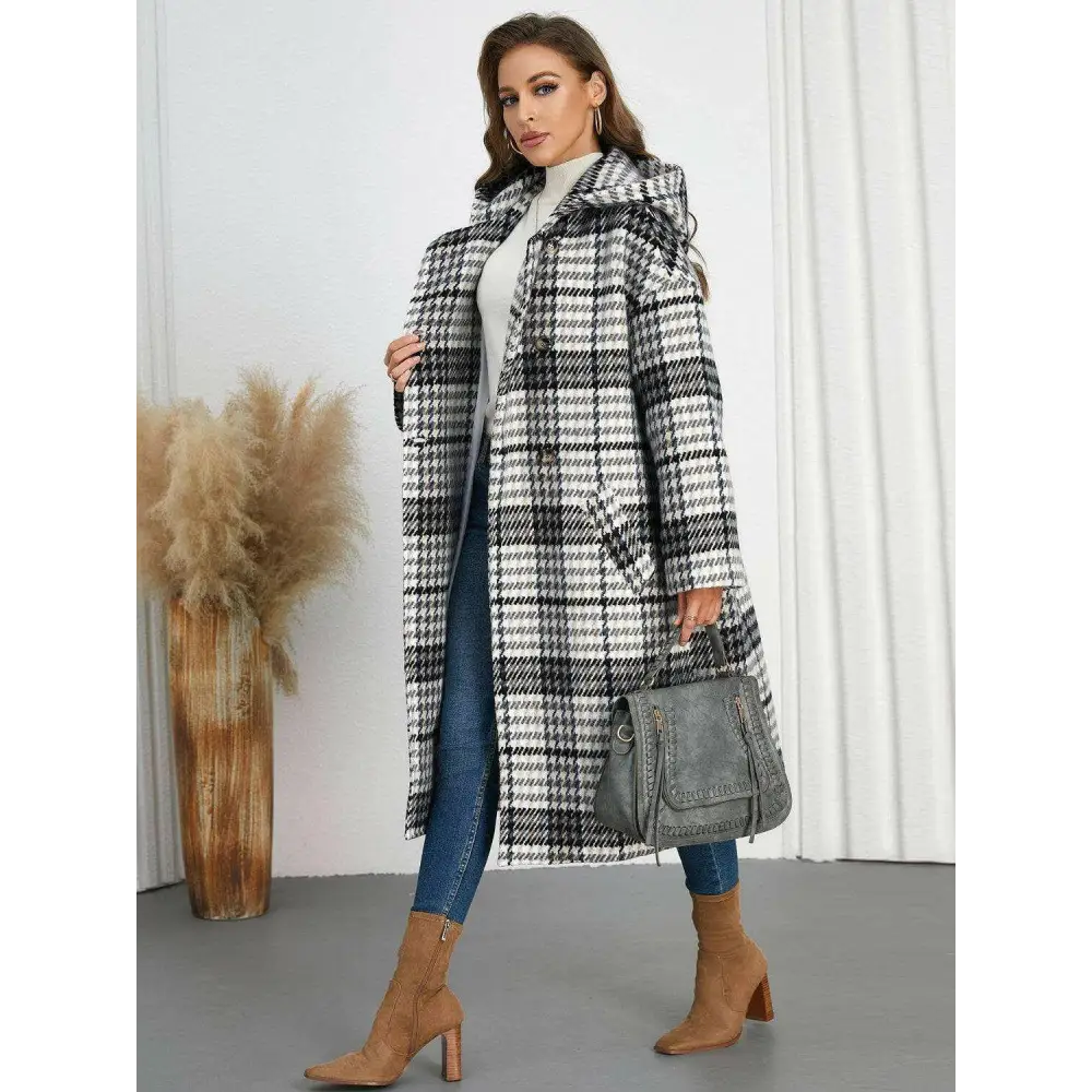 Plaid double-breasted longline coat for timeless luxury fashion $107.54 elegant buttoned design, exuding sophistication