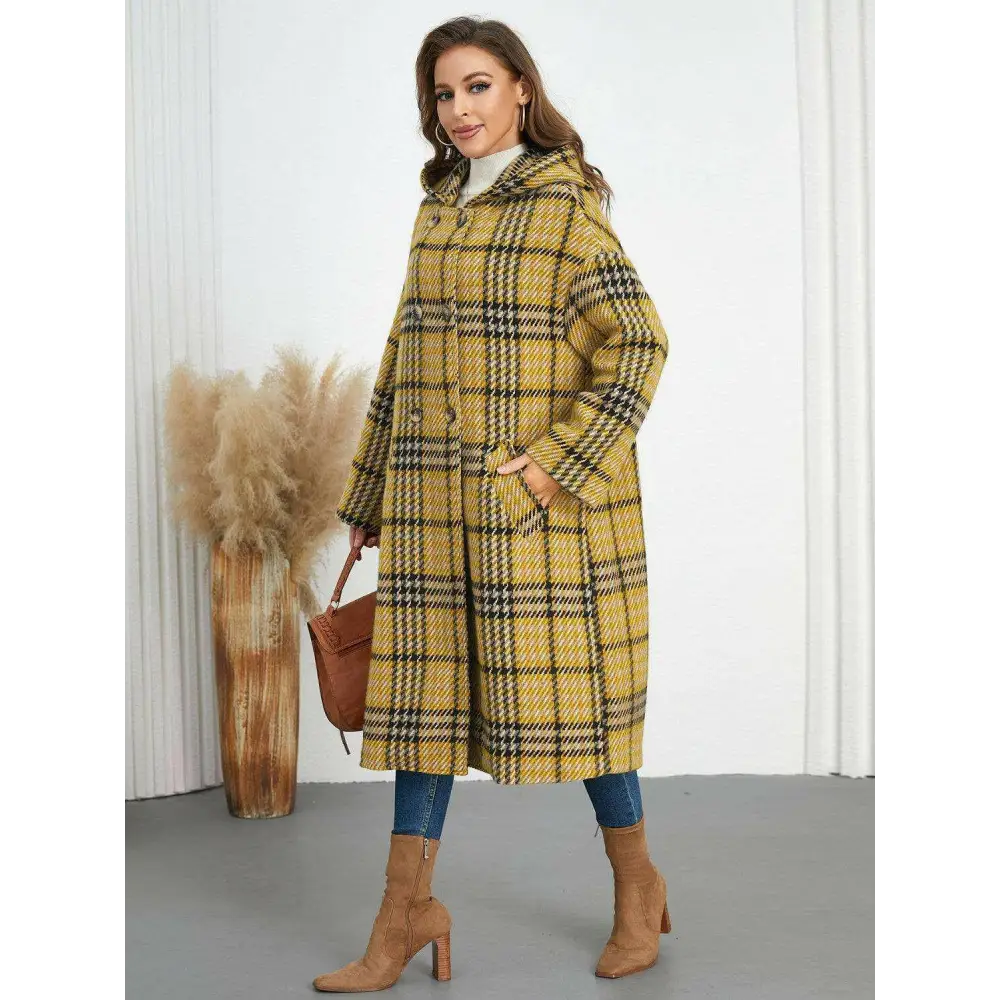 Plaid double-breasted longline coat for timeless luxury fashion $107.54 elegant buttoned design, exuding sophistication