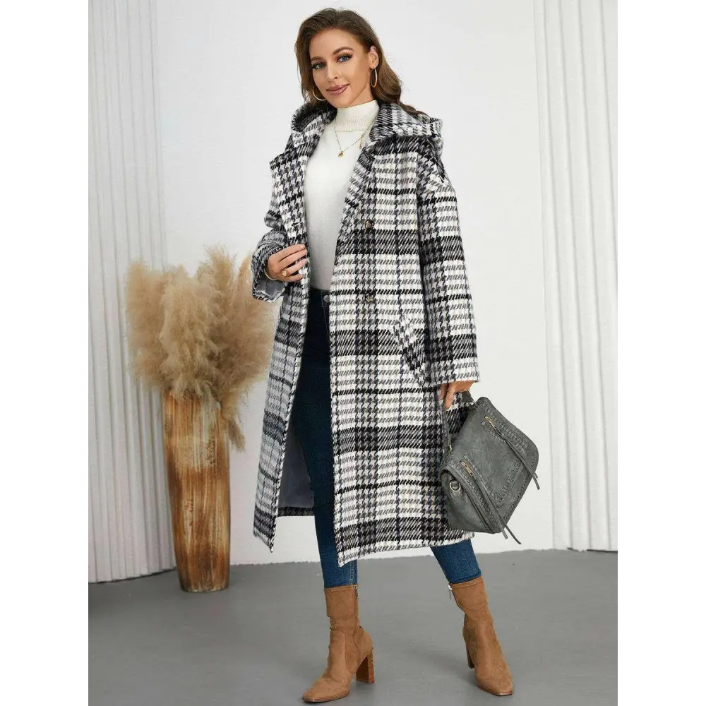 Plaid double-breasted longline coat for timeless luxury fashion $107.54 elegant buttoned design, exuding sophistication