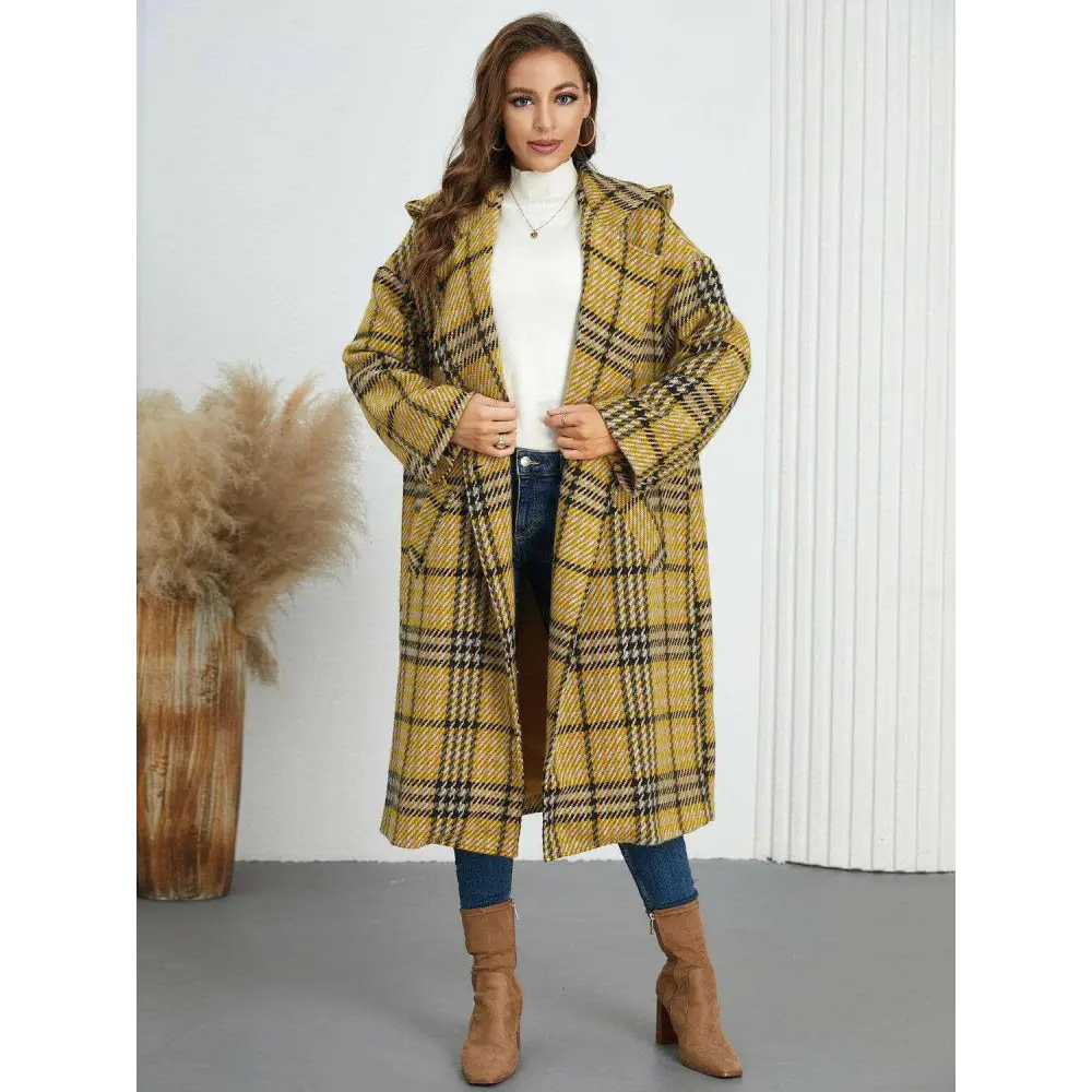 Plaid double-breasted longline coat for timeless luxury fashion $107.54 elegant buttoned design, exuding sophistication