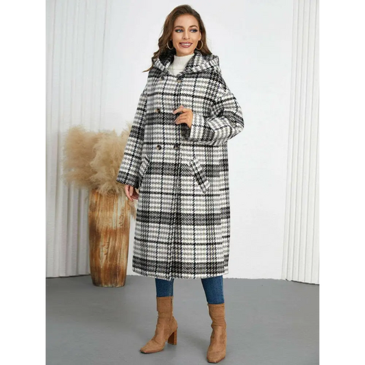 Plaid double-breasted longline coat for timeless luxury fashion $107.54 elegant buttoned design, exuding sophistication