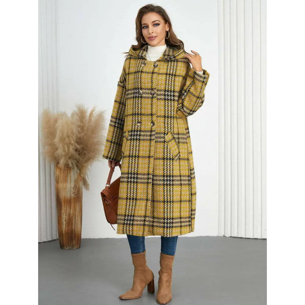 Plaid double-breasted longline coat for timeless luxury fashion $107.54 elegant buttoned design, exuding sophistication