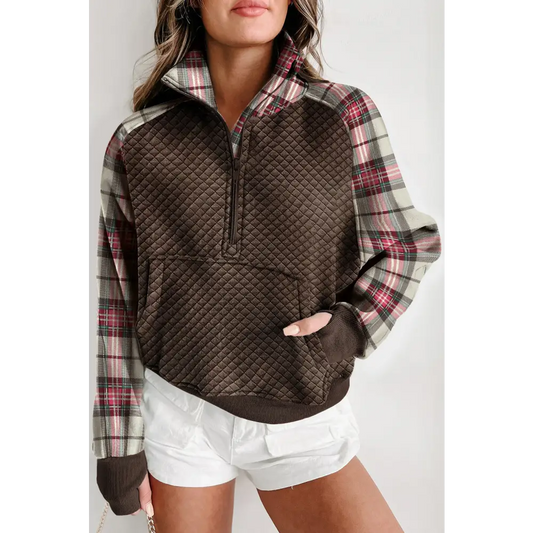 Elevate your wardrobe with the luxe plaid half zip sweatshirt $37.99 pocketed for ultimate convenience, this garment