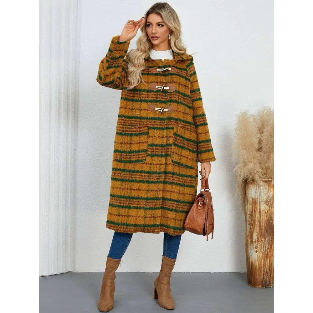 Elevate your wardrobe with the elegant plaid hooded coat in luxury fashion $100.54 experience the exquisite