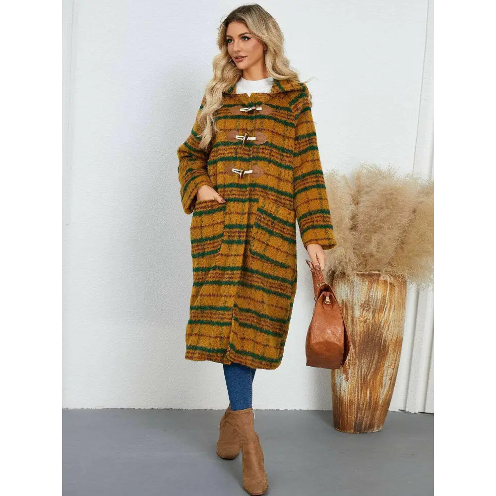 Elevate your wardrobe with the elegant plaid hooded coat in luxury fashion $100.54 experience the exquisite