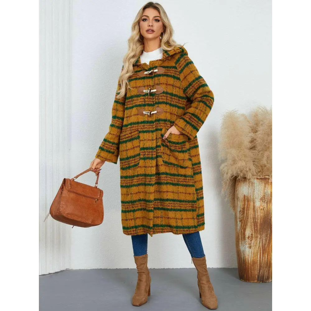 Elevate your wardrobe with the elegant plaid hooded coat in luxury fashion $100.54 experience the exquisite