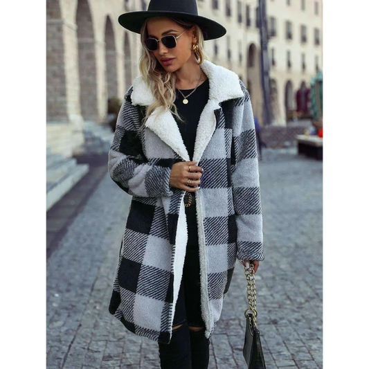 Timeless plaid open front coat elevating luxury fashion for women $35 pocketed for convenience, allowing for both style