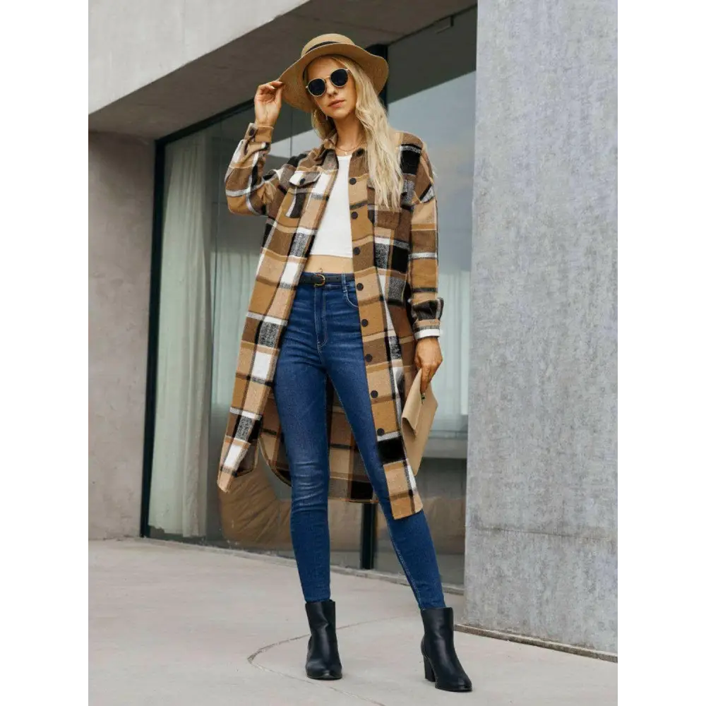 Elevate your wardrobe with the plaid pocketed button up trench coat $43 basic style that embodies simplicity