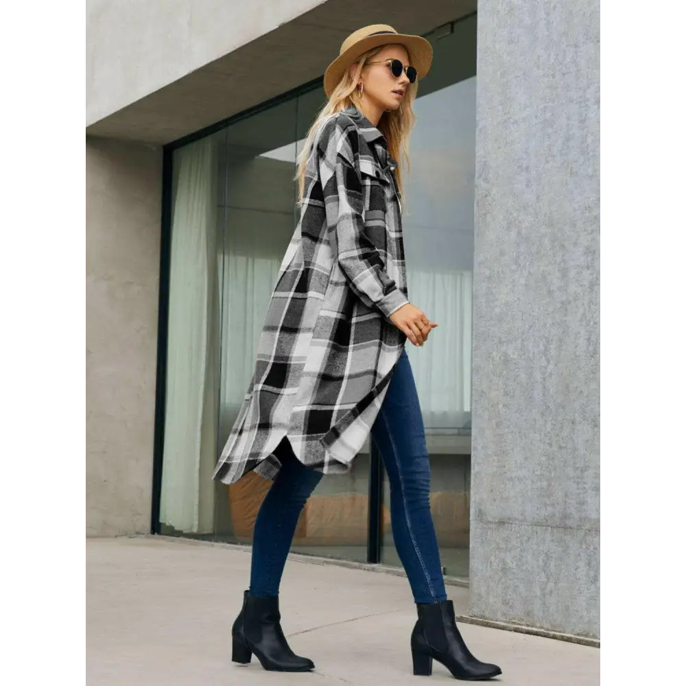 Elevate your wardrobe with the plaid pocketed button up trench coat $43 basic style that embodies simplicity