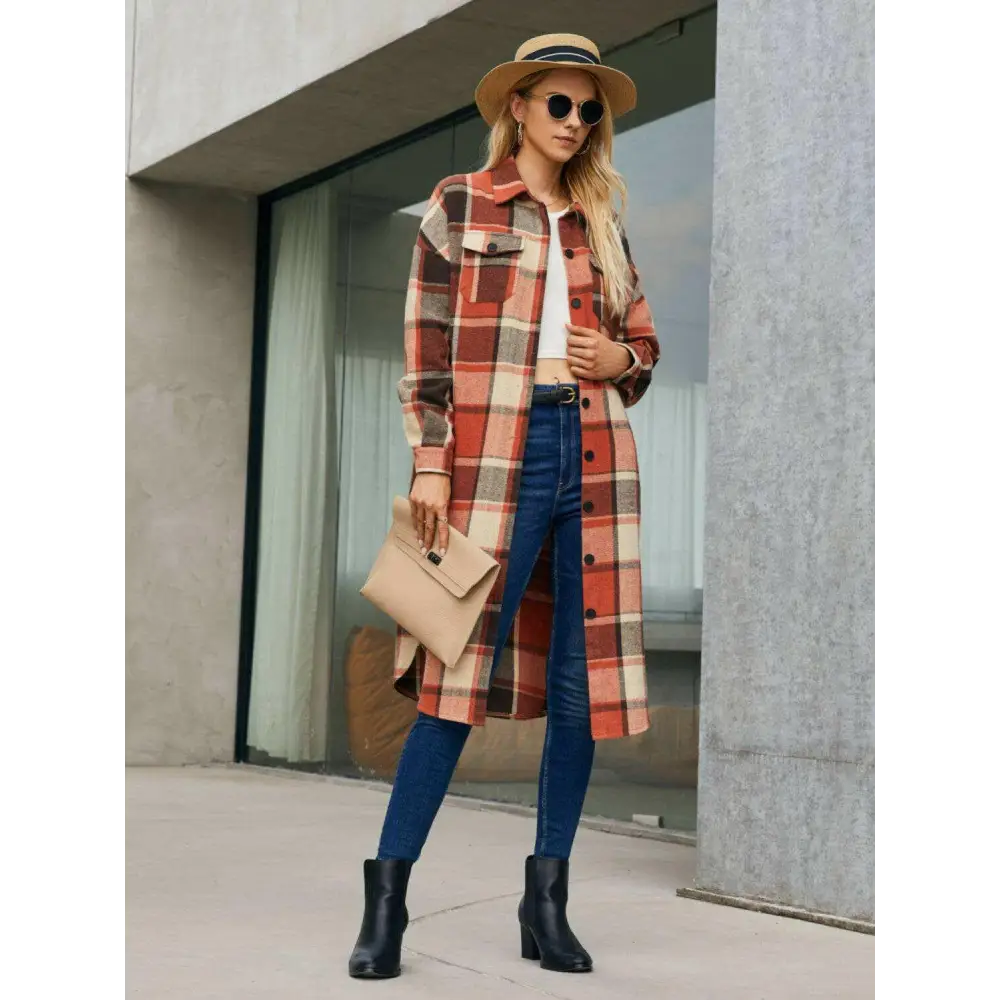 Elevate your wardrobe with the plaid pocketed button up trench coat $43 basic style that embodies simplicity