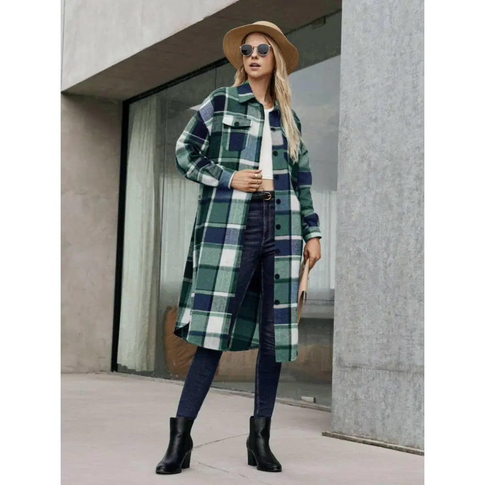 Elevate your wardrobe with the plaid pocketed button up trench coat $43 basic style that embodies simplicity