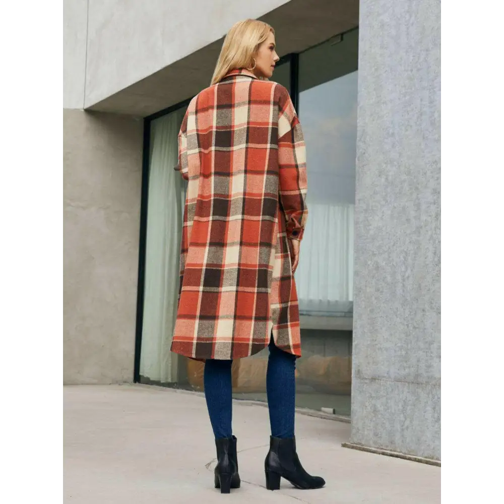 Elevate your wardrobe with the plaid pocketed button up trench coat $43 basic style that embodies simplicity