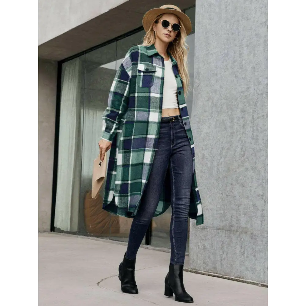 Elevate your wardrobe with the plaid pocketed button up trench coat $43 basic style that embodies simplicity