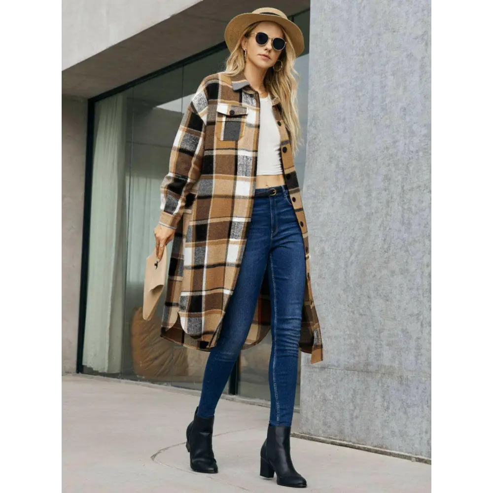 Elevate your wardrobe with the plaid pocketed button up trench coat $43 basic style that embodies simplicity